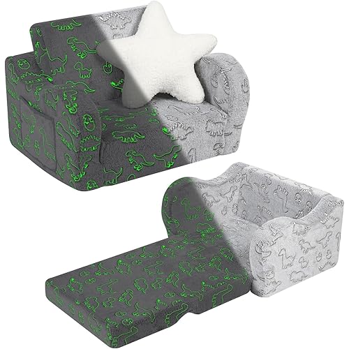 Toddler Couch, 2-in-1 Kids Soft Couch Fold Out with Star Pillow, Convertible Sofa to Lounger, Dinosaur Glow in The Dark, 1-Seat