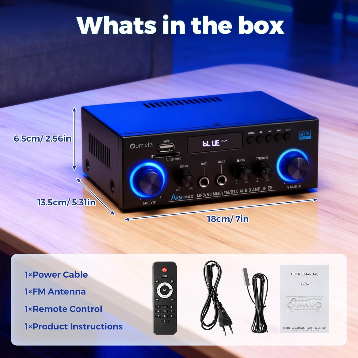 AK50MAX Stereo Audio Amplifier, 400W Home 2 Channel Bluetooth 5.0 Power Amplifier System, Home Amplifiers FM Radio, Echo, USB, SD Card,AUX with Remote Control Home Theater Audio Stereo System - Image 8