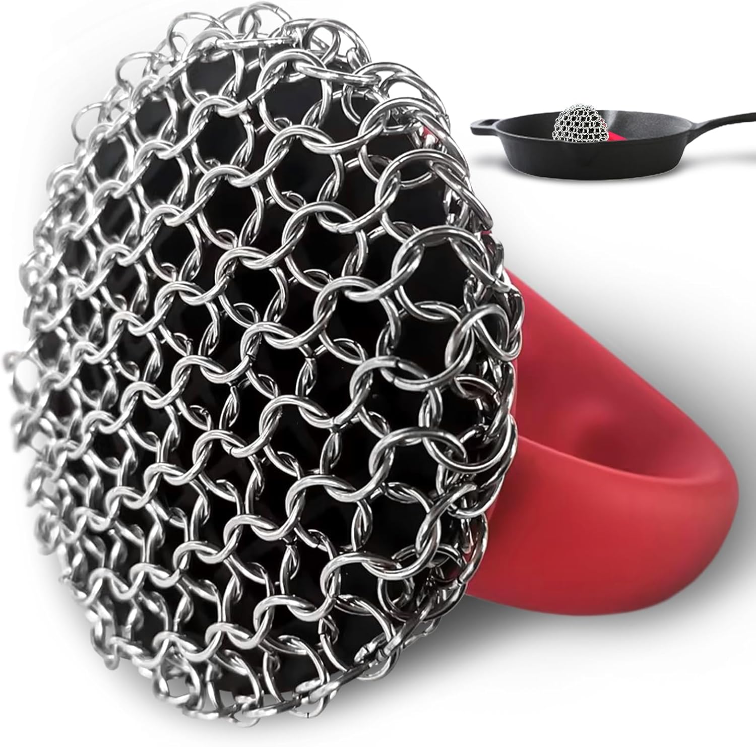 Cast Iron Scrubber with Handle 316L （Ergonomic Non-Slip Grip Cleaner for cast Iron skillets, Pans, and Dutch ovens – Stainless Steel Chainmail Cleaning pad, Durable and Dishwasher Safe） - Amazon product rated Grade B