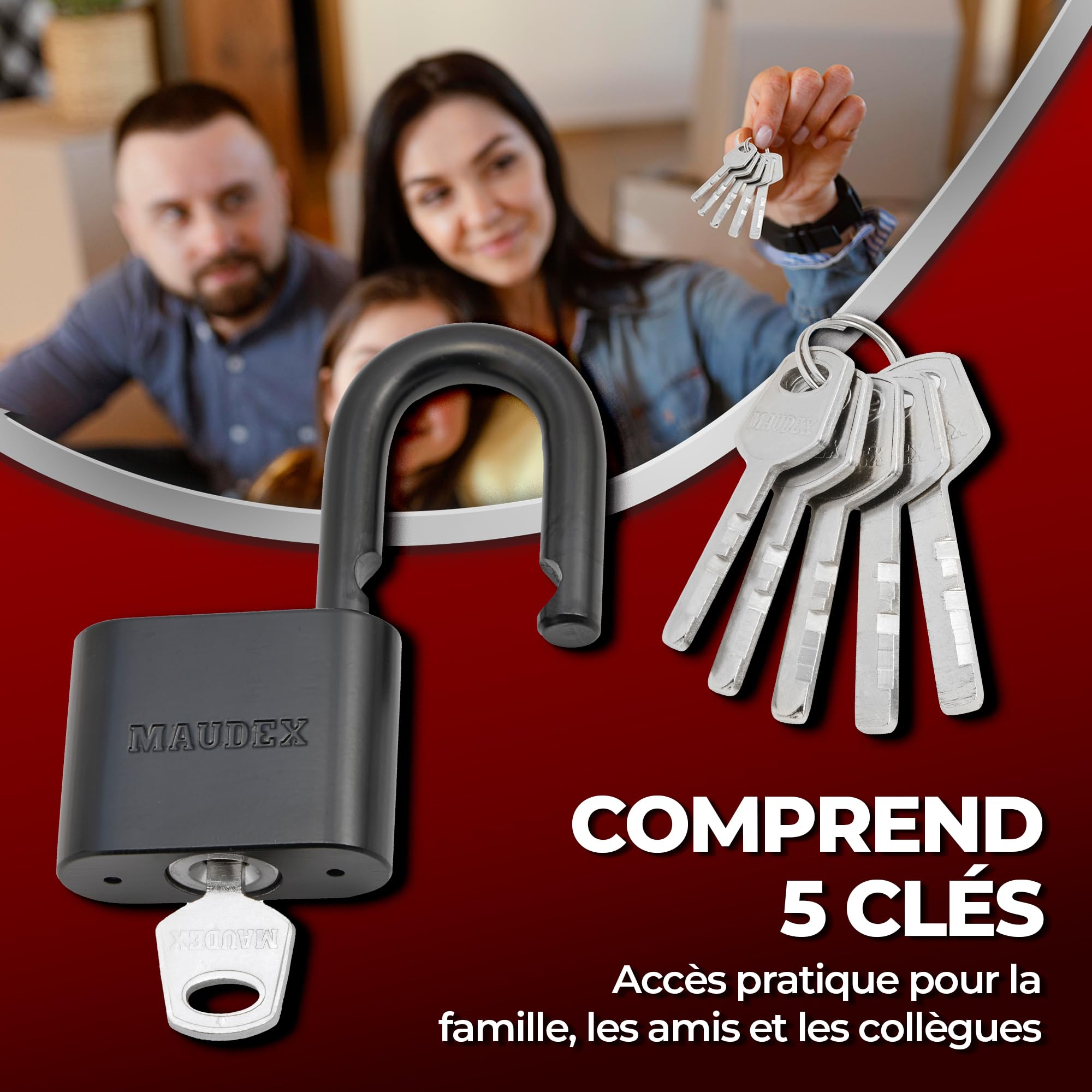 Maudex® PBK50 Cadenas Extérieur avec 5 Clés - Anse 10 mm Anse Résistante aux Coupures, Grand Corps Inox Étanche | Antivol de Qualité Résistant aux Intempéries pour Portail