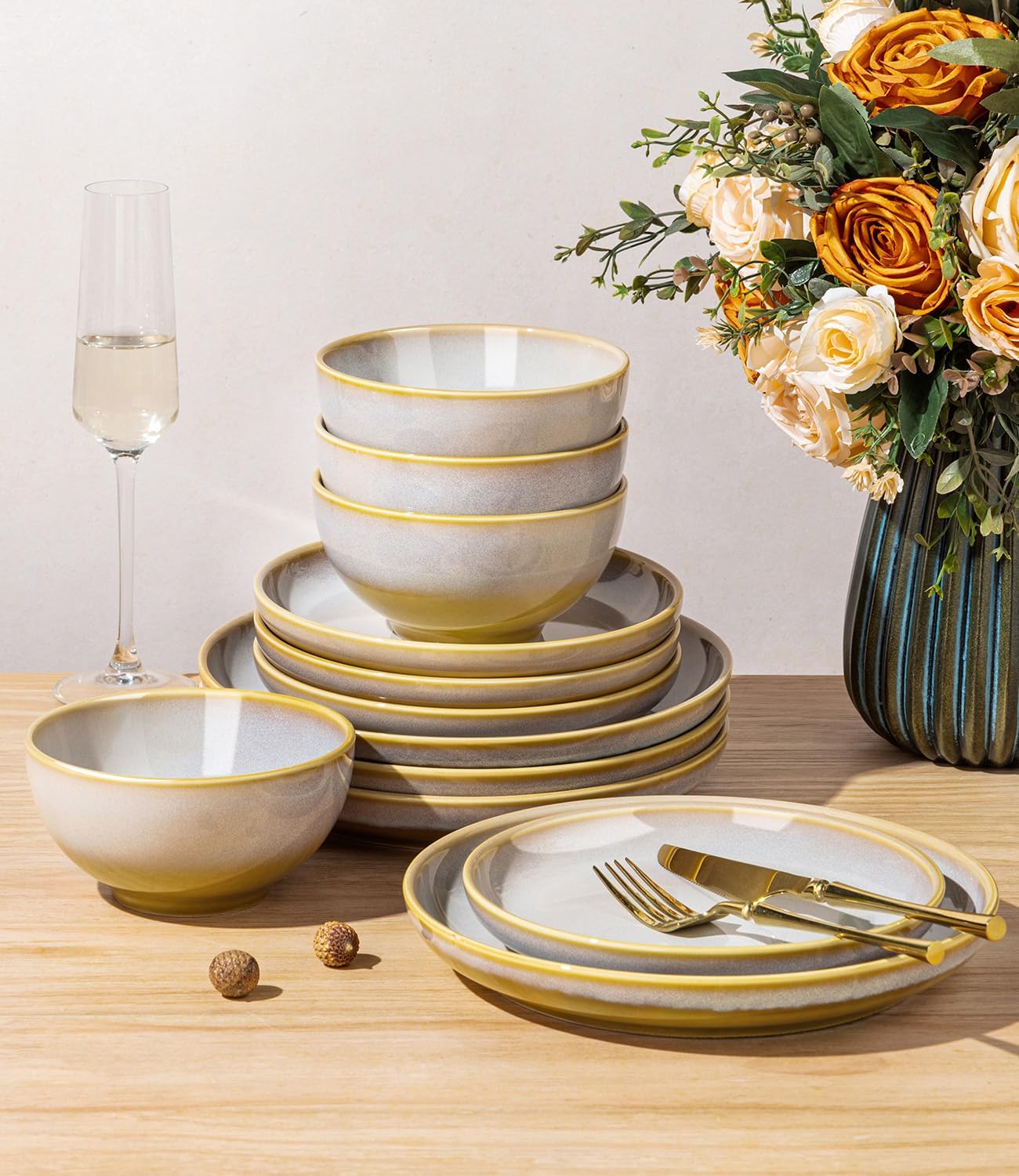  Ceramic Dinnerware Set for 4, 12-Piece Plates and Bowls Set thumbnail