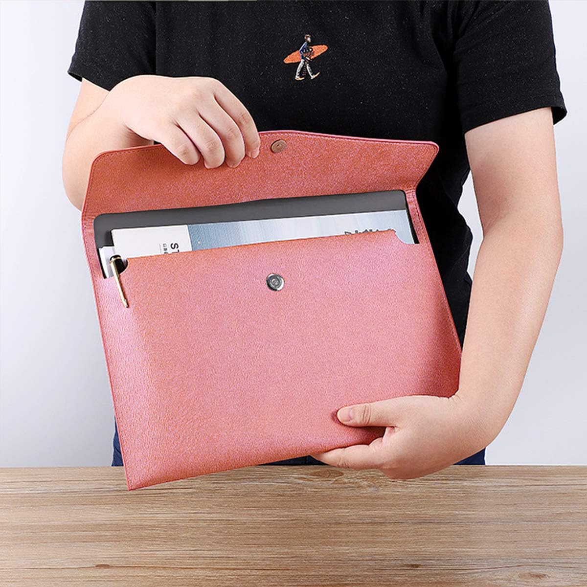 Enyuwlcm PU Leather A4 File Folder Document Holder Waterproof Portfolio Envelope Folder Case with Snap Closure Pink