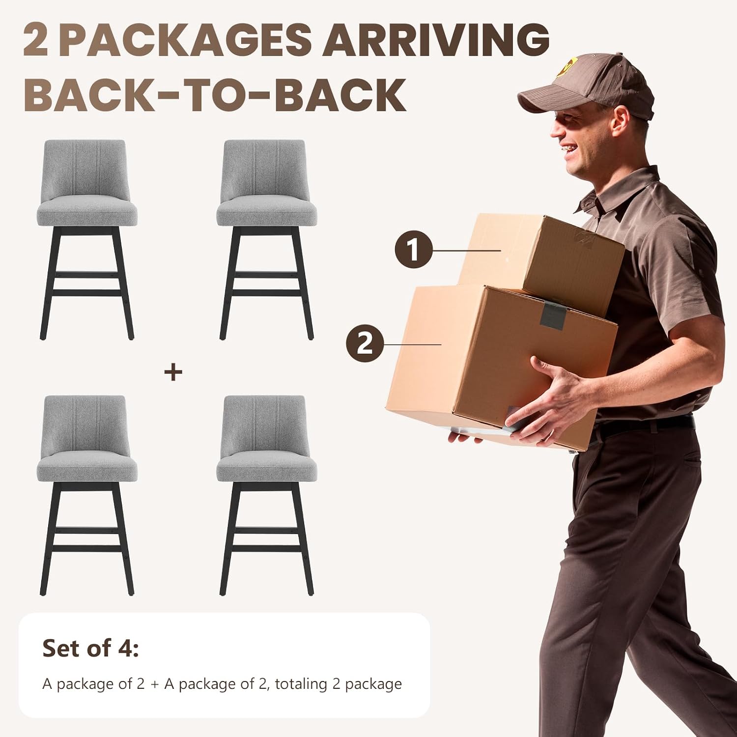kinmars 27'' Counter Height Bar Stools Set of 4, Swivel Bar Stools with Backs, Modern Fabric Bar Stools for Kitchen Island, Solid Wood Legs, Adjustable Feet (Fabric - Dark Gray, Set of 4-27" H)