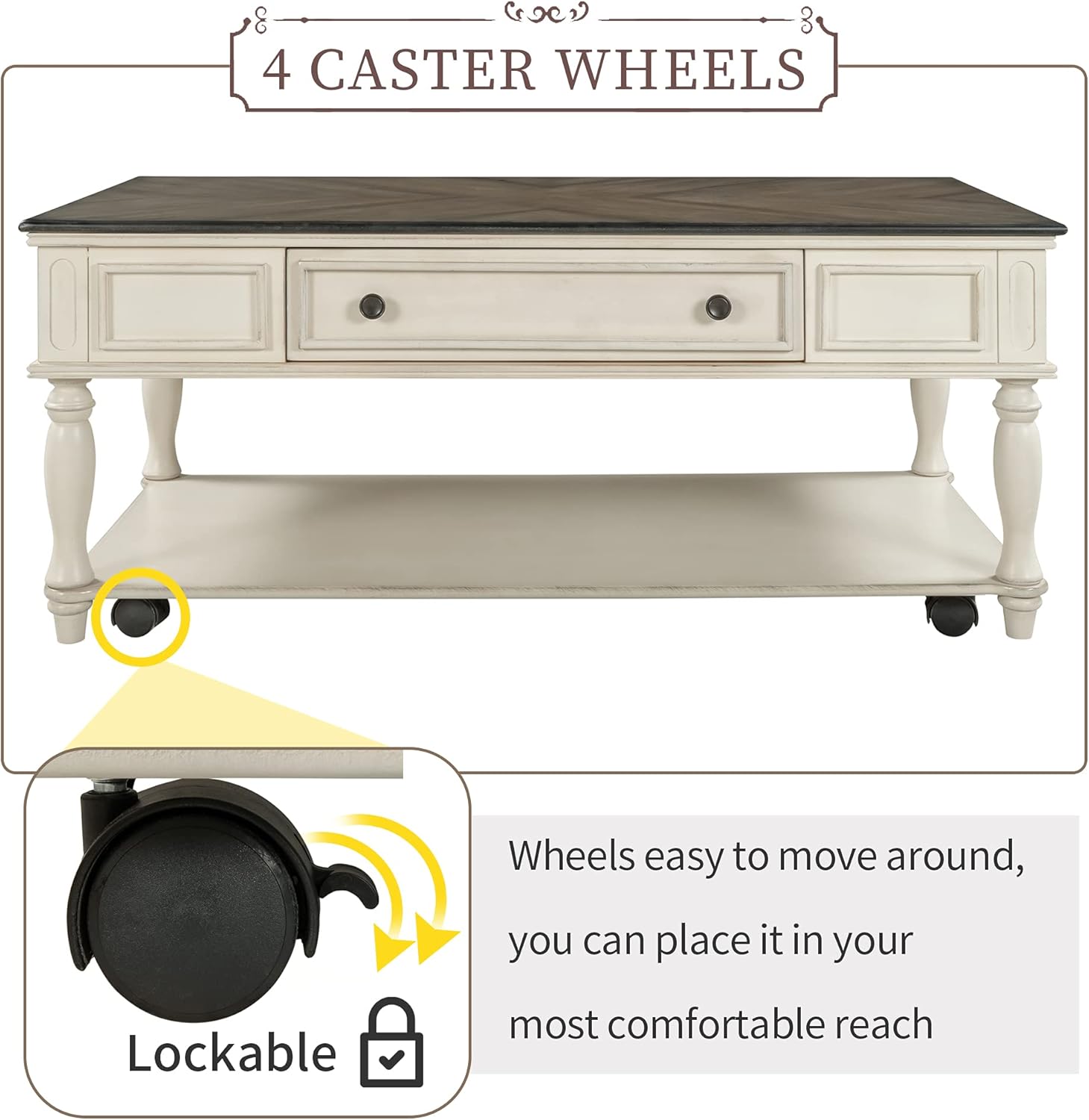 Merax Movable Coffee Table with 4 Lockable Caster Wheels for Living Room, Solid Wood Material, Retro Style, Antique Gray