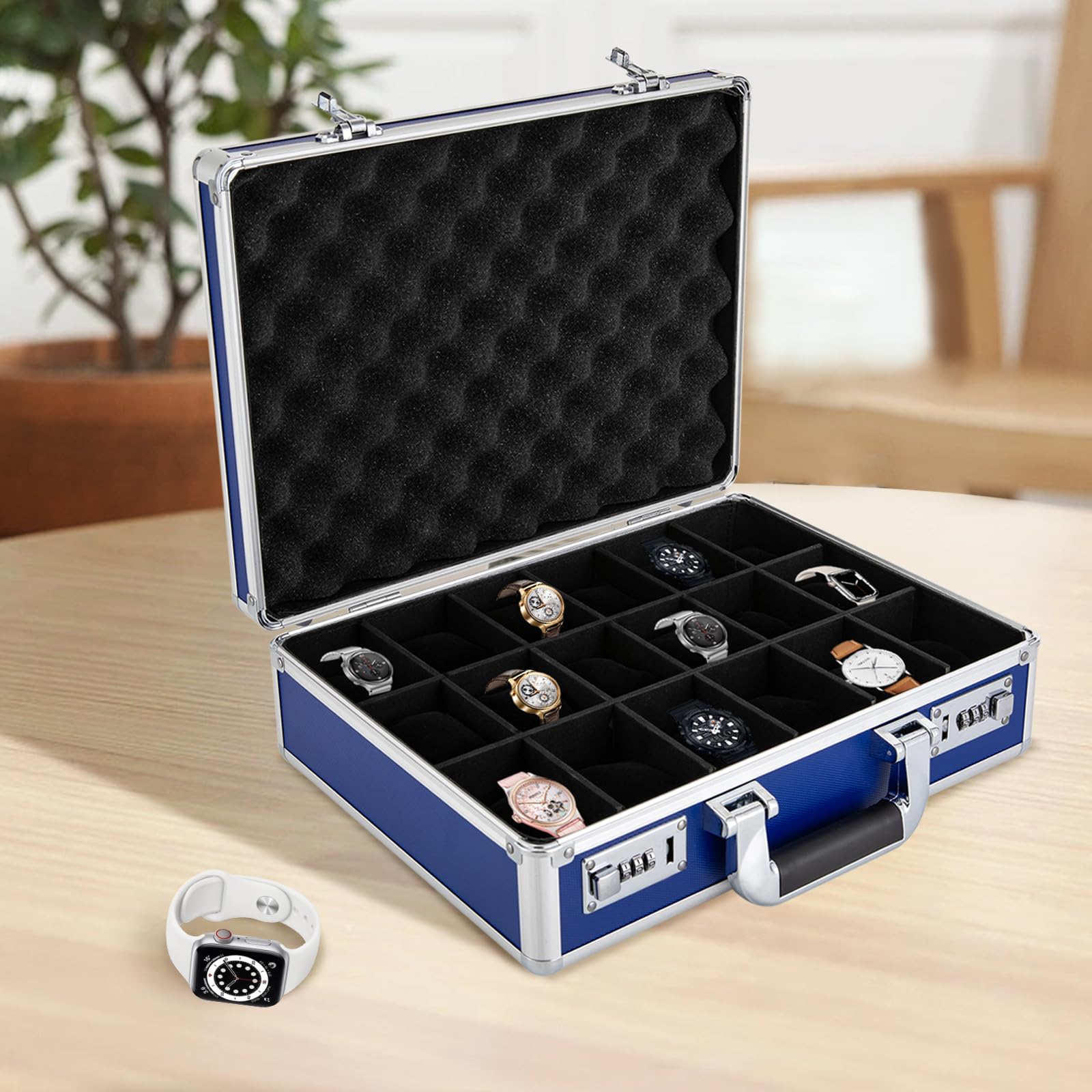 CHUOZI 18 Slot Briefcase Watch Storage Box, Aluminum Alloy, Locking Display (Blue)