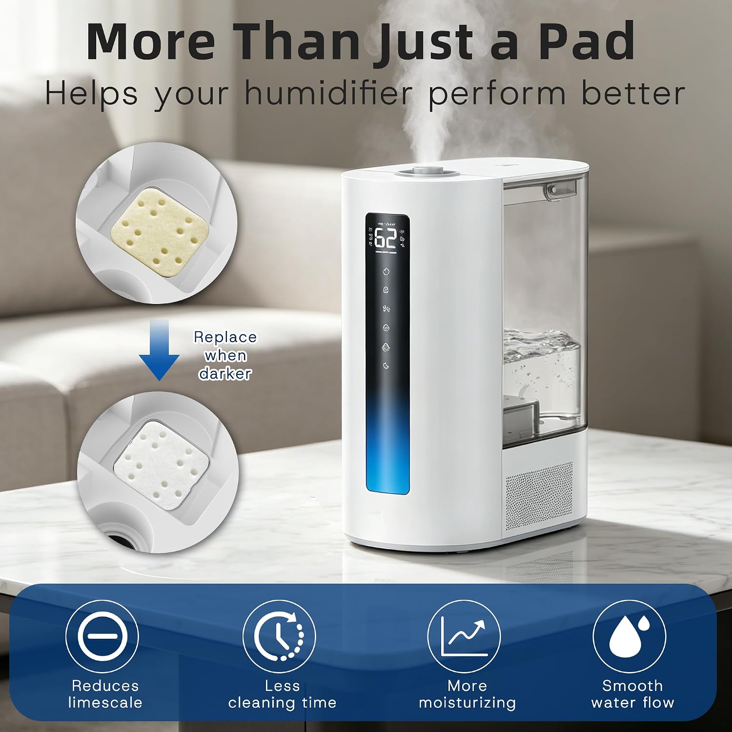 60-Pack Mineral Absorption Pads Compatible with Dreo Humidifiers HM713, HM713S, HM813S and HM717S, Reduce Limescale, Improve Humidification Efficiency, PP Cotton Material, White