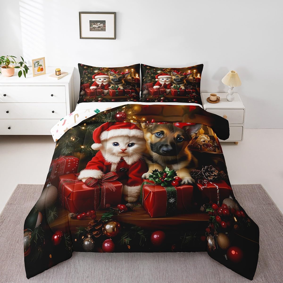 Cat and Dog Comforter Set Queen Size,Christmas Theme Pet Animals Quilt