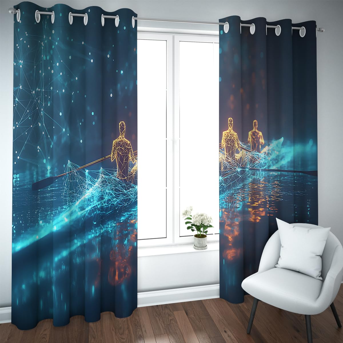 Rideaux occultants neutres imprimé bateau ramer B132xH245cm double panneau thermique salon