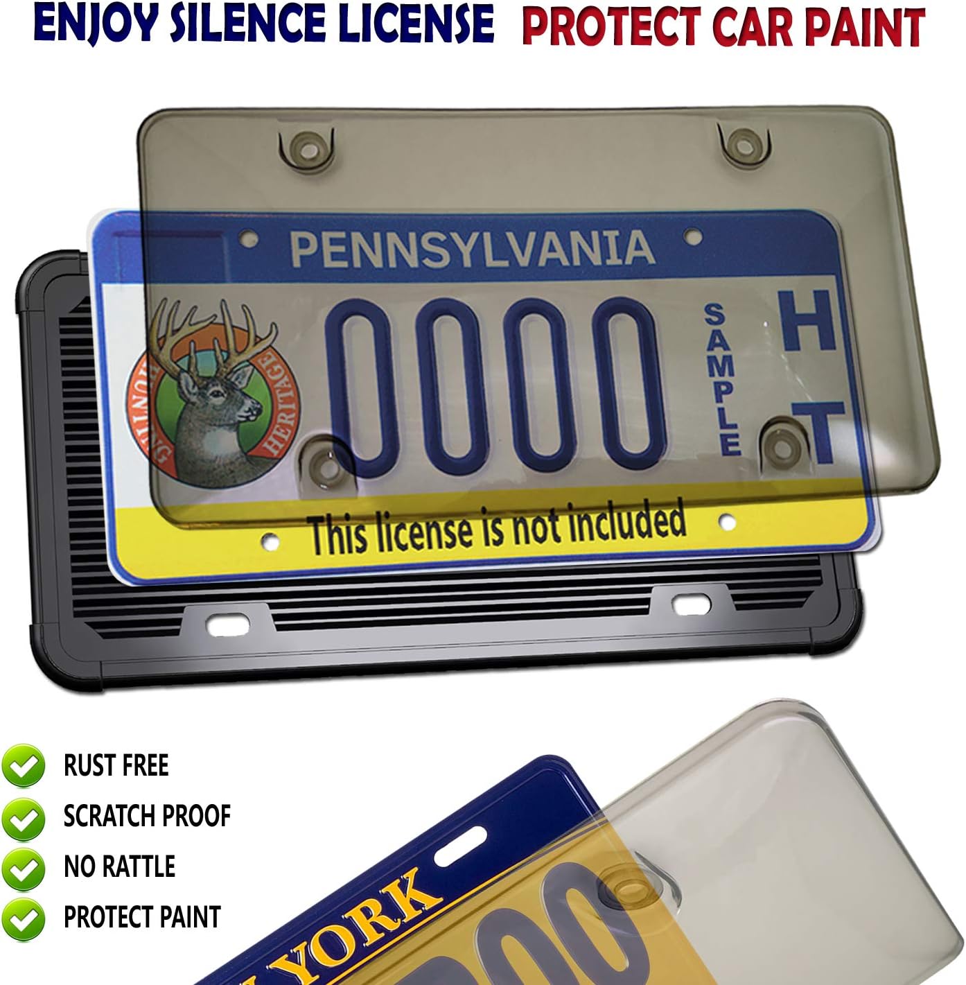 Silicone Black License Plate Frame and License Plate Cover Combination- Unbreakable Tinted Smoked Bubble Car Tag Cover Holder Front or Rear, Rust-Proof Rattle-Proof Weather-Proof and Screws