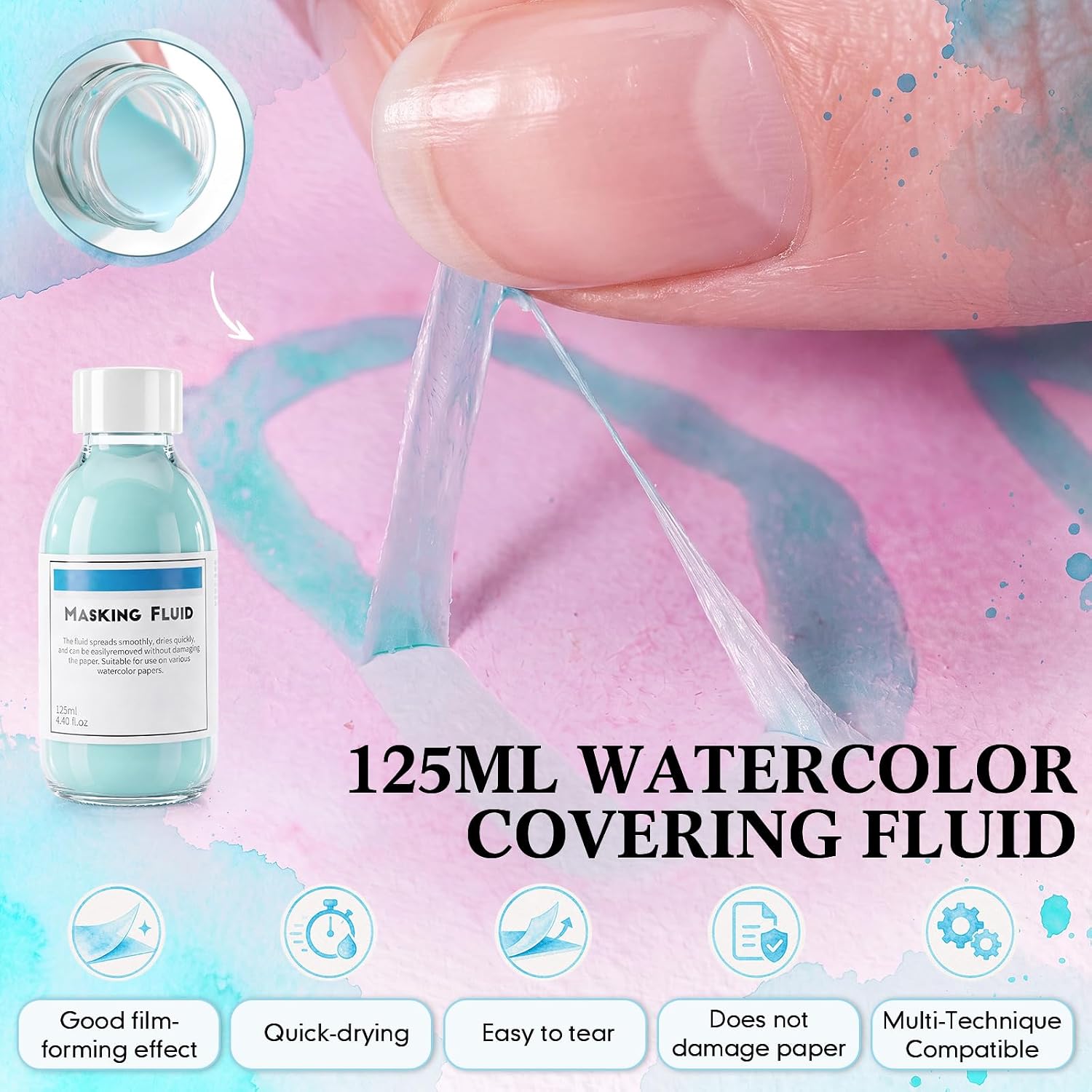 125ml Masking Fluid Kit for Watercolor with 8 Brushes, Blue