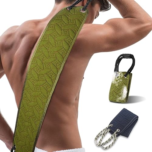 Exfoliante de espalda para ducha, toalla corporal de doble cara con asas reforzadas para uso en la ducha, 38.5 pulgadas serie I negro limpiador de