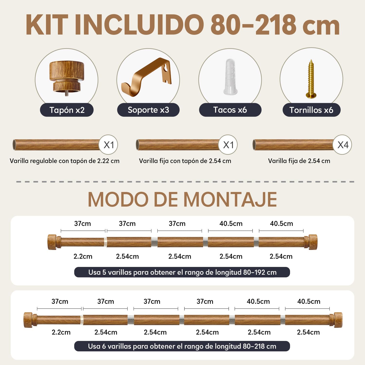 Barra Cortinas Extensible Con Acabado De Madera,Longitud Total 80-218 Cm, InstalacióN Mural,DiáMetro 25 Mm,Varilla MetáLica Gruesa,Apta Para Dormitorio, SalóN Y Cocina