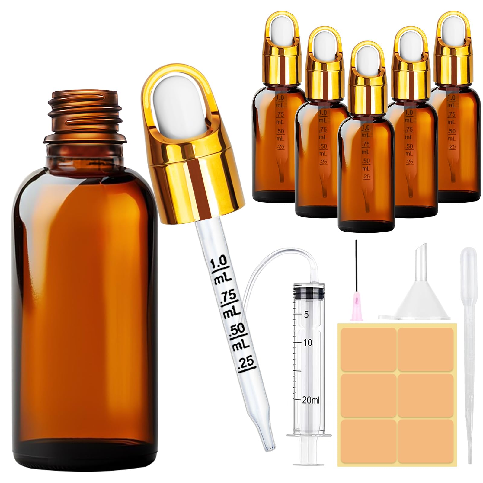 6 x 30 ml druppelflesjes van bruin glas met pipet en schaalverdeling, 5 stuks gereedschap voor etherische oliën, geuren, aromatherapie, sproeiers, vloeistoffen