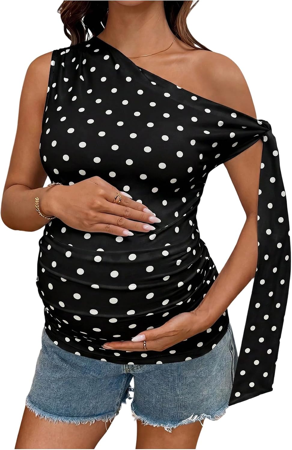 MakeMeChic Women's Maternity Clothes Polka Dots Off Shoulder Tops