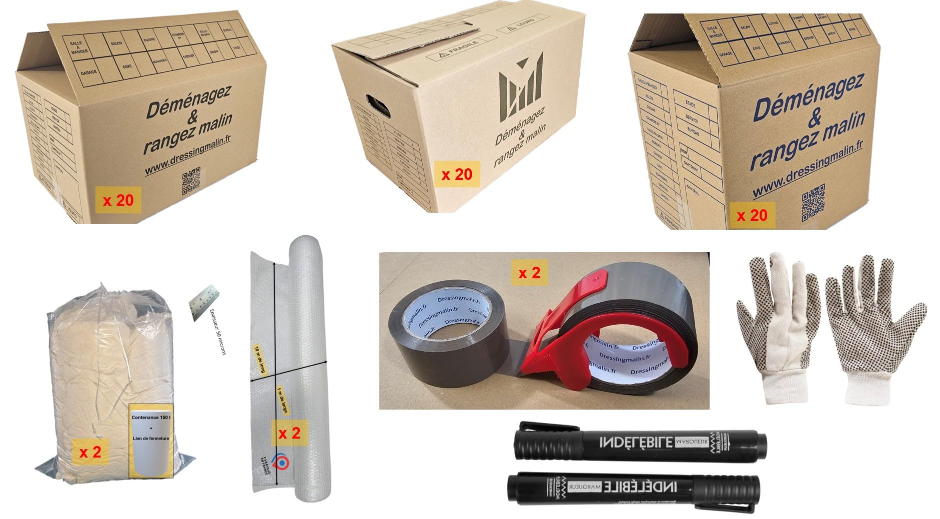 Kit Déménagement T2 Complet 43 Pièces – 15 Grands Cartons 57L + 15 Cartons Livres 28L + Papier Bulle Biodégradable, Adhésif, Sac 150L
