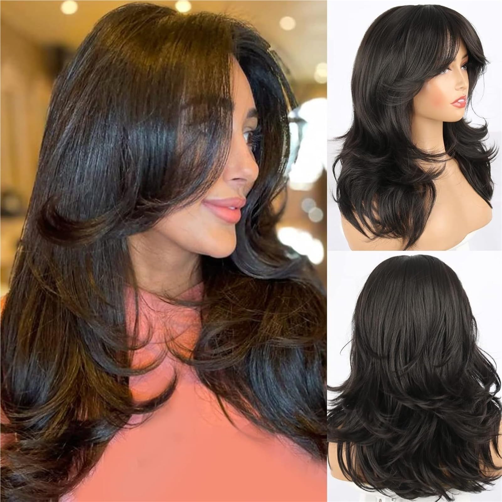 Libangrong-888 Black Wigs Eight Character Bangs, Medium Long Hair, Natural Layered Wig Natural Wig(Black)