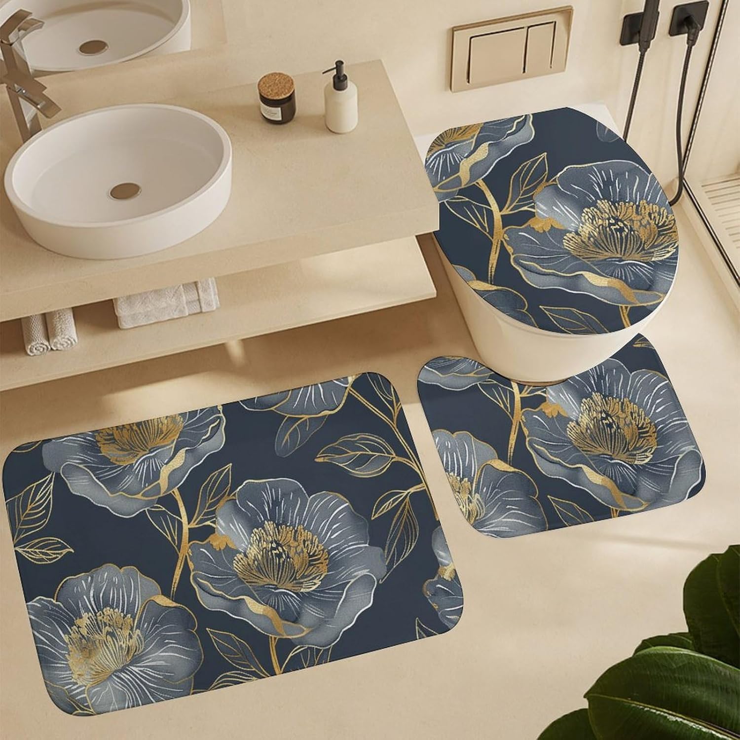 Anti-Skid Floor Mats 3 Piece Set,Gray and Gold Printed Coral Fleece Bathroom Mats U-Shaped Contour Mat Toilet Seat Cover for Bathroom, Tub, Shower, Kitchen 19.7"x31.5"