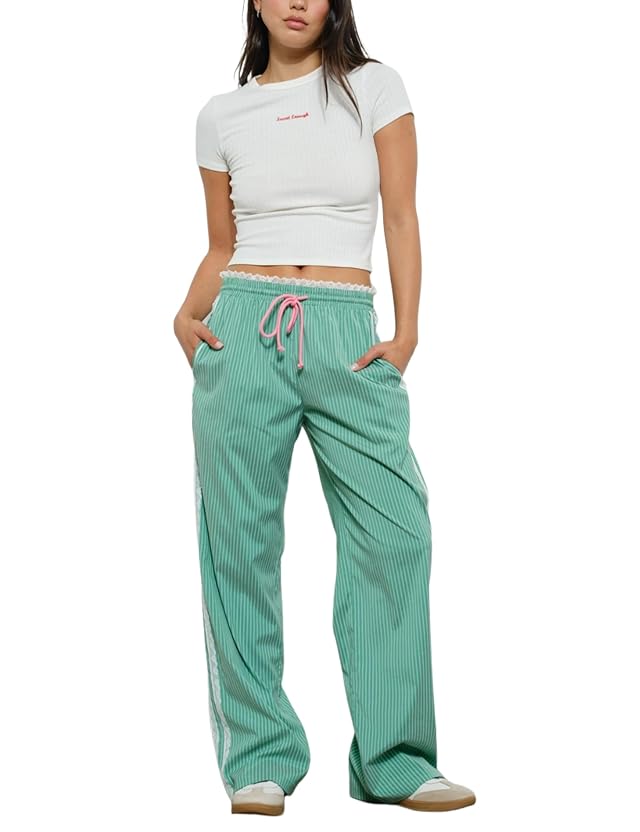 Gozoloma Womens Striped Pants Side Lace Design Wide Leg Trousers with Pockets