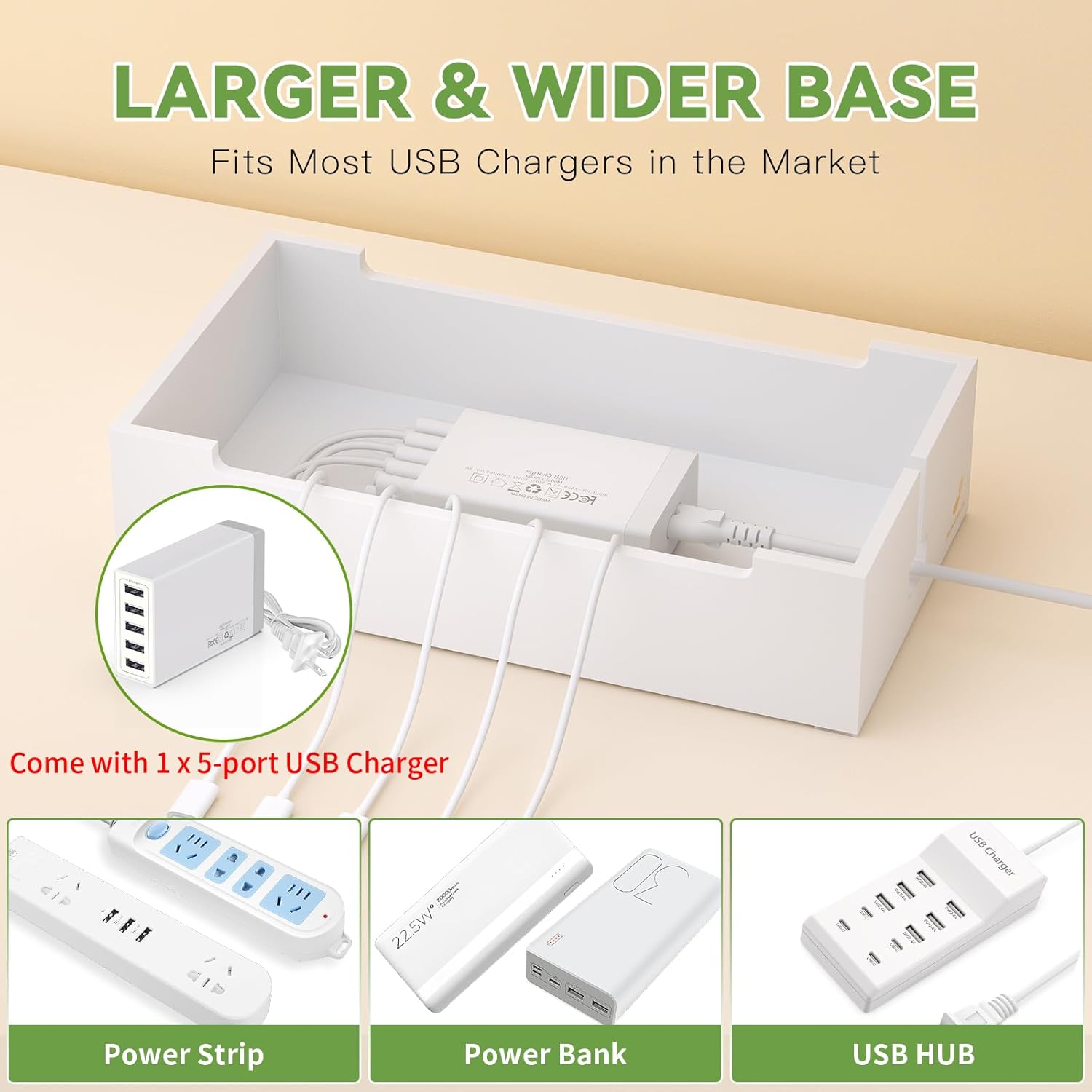 Pezin Hulin Multi Devices Charging Station, with USB Power Adapter HUB, and 6 Wire Cables - Cord Organizer Management, Cell Phone Charger Dock Stand, Desktop Cord Hider Box - Natural +White