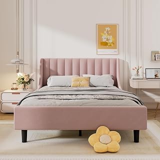 Lexiou Cama tapizada de 140 x 200 cm, cama con somier (sin colchón), terciopelo minimalista, color rosa