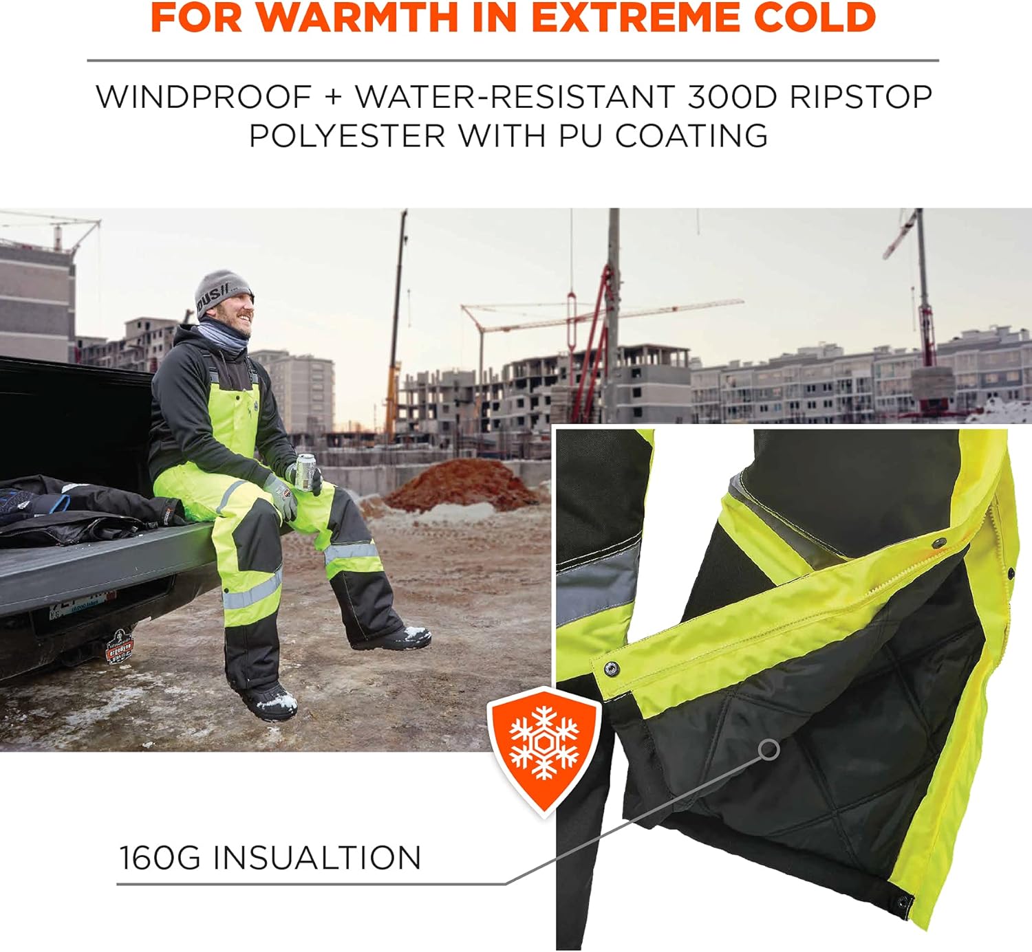 Insulated Thermal Bib Overalls, High Visibility, Weather-Resistant, XL, Ergodyne GloWear 8928,Lime - - 