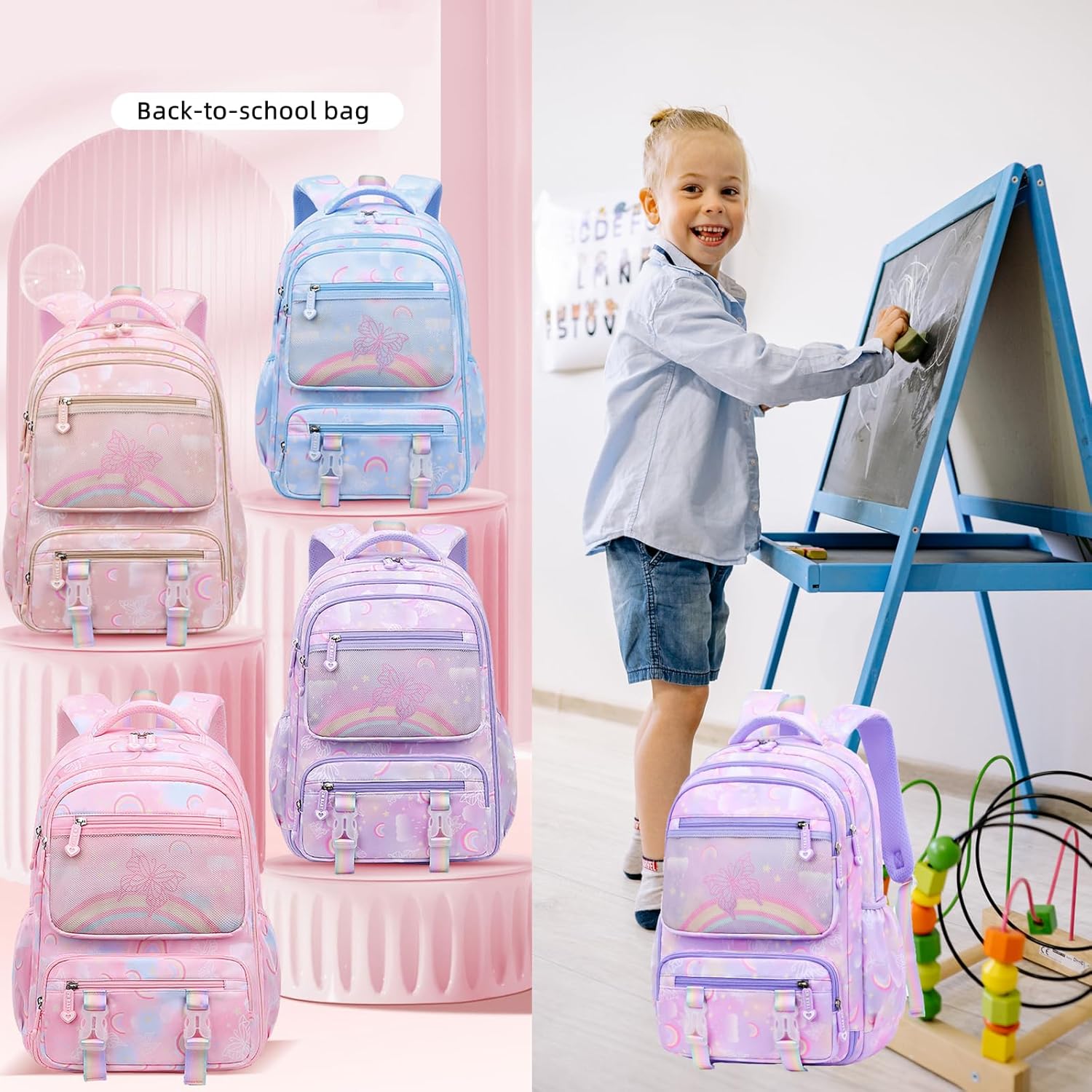 Kids Backpack for Girls Cute Rainbow Butterfly Backpacks for Teen Girls Age 8-12 Kindergarten Elementary Bookbag,Purple - Image 7