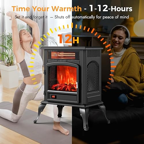 Miniatura 6 de Calentador eléctrico de chimenea - Calentador de chimenea eléctrico independiente con efecto de llama 3D, calentador eléctrico infrarrojo de 1500 W