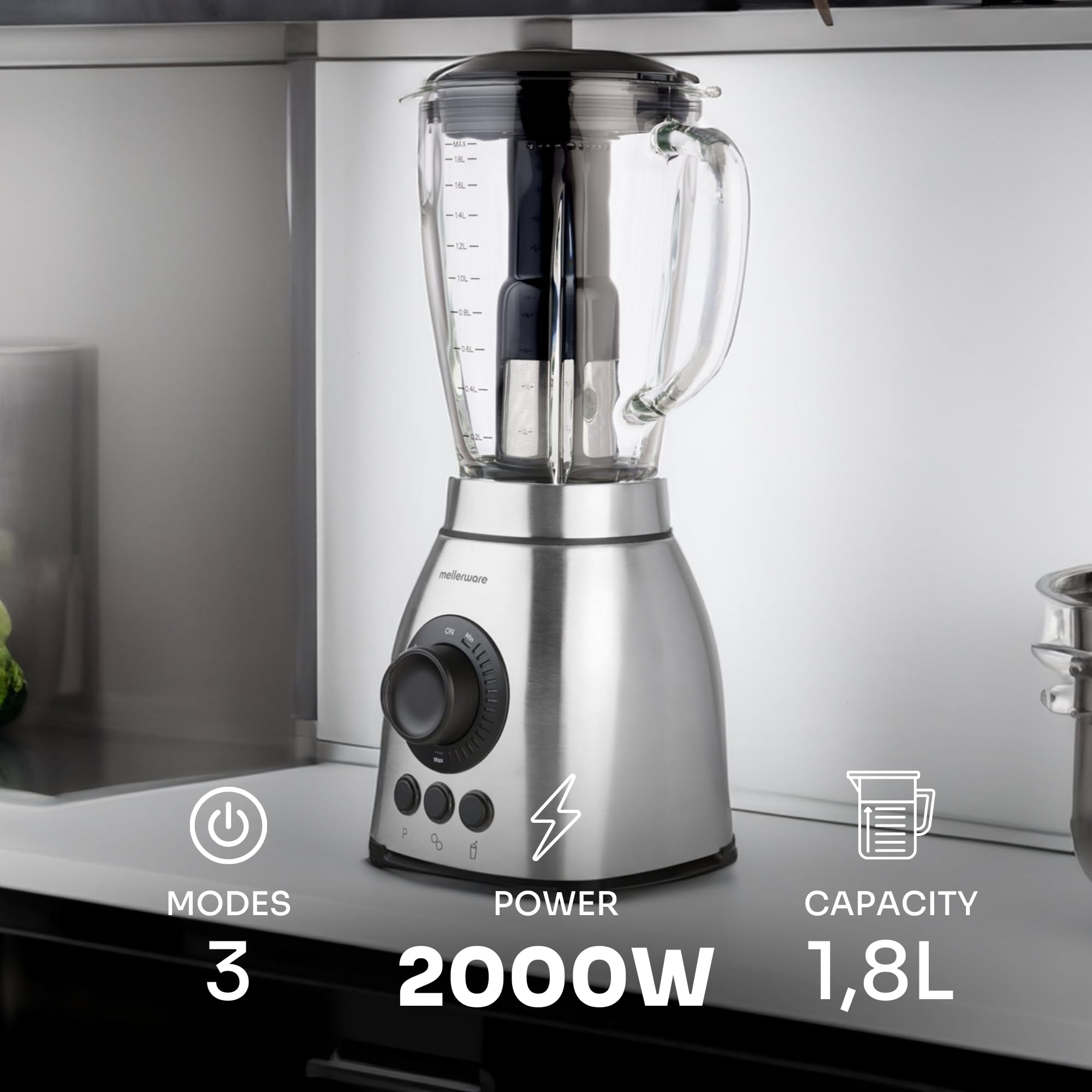 Mellerware - Mikser do kubków z filtrem Mixy Plus! 2000 W | 3 stopnie prędkości + Turbo | Szklany dzbanek 1,8 l | 6 ostrzy | Lodołamacz | Mikser bez grudek | stal nierdzewna | nadaje się do mycia w