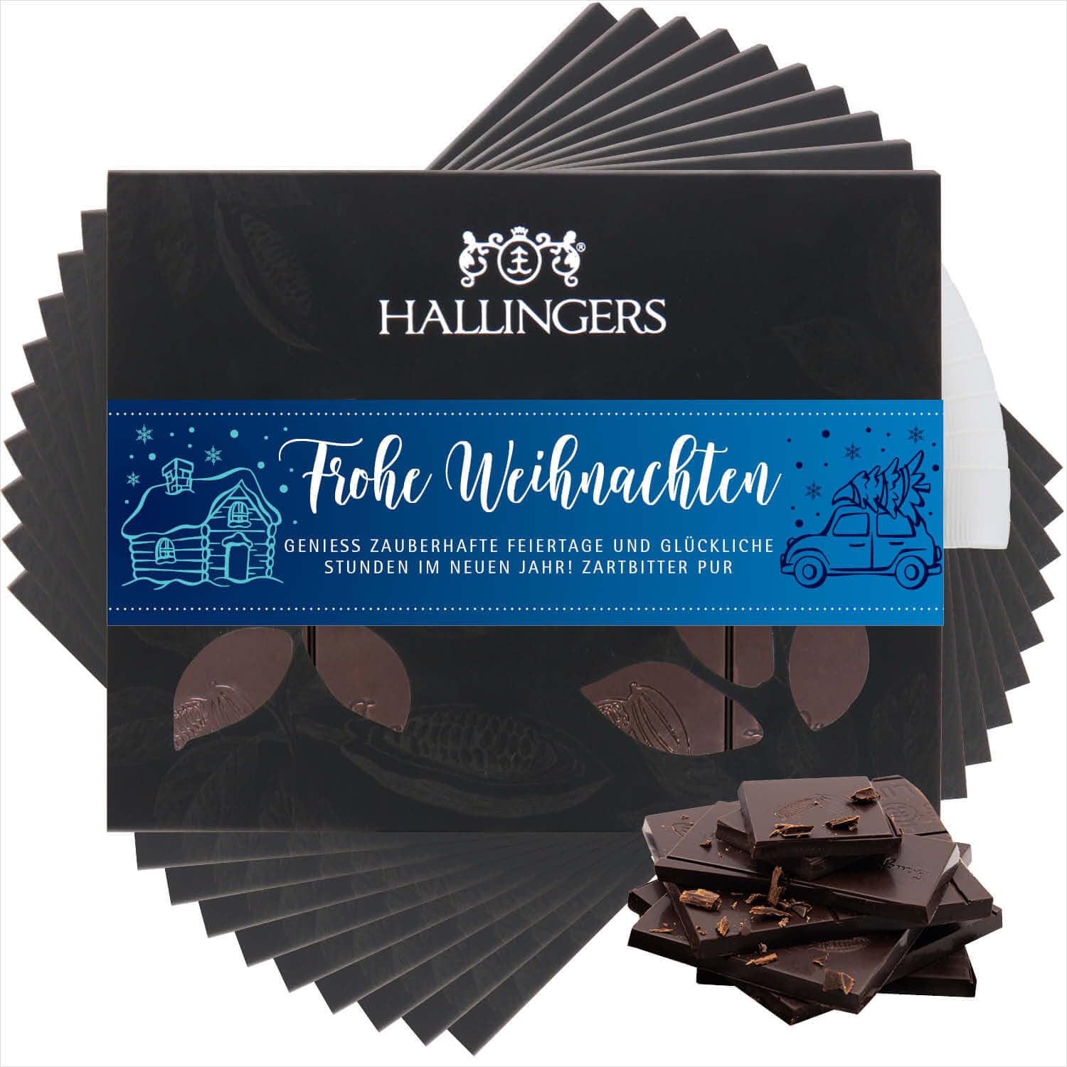 Hallingers Genuss Manufaktur Vegane Schokolade Weihnachts-Geschenk - Tafel handgeschöpfter Edelkakao ohne Alkohol edler Karton 10x "Frohe Weihnachten" Pur 85%, Weihnachten für Frauen Männer