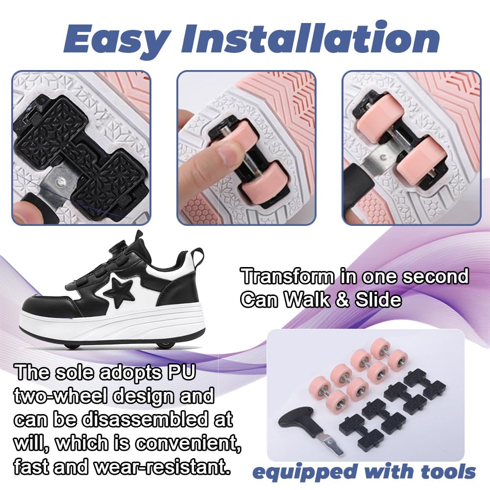 Mateju Zapatos con Ruedas para Niños y Niñas, Patines Estrella Moda con 4 Ruedas Retráctil, Zapatillas Deportivas al Aire Libre Zapatillas de Skateboarding 2 en 1 Multiusos