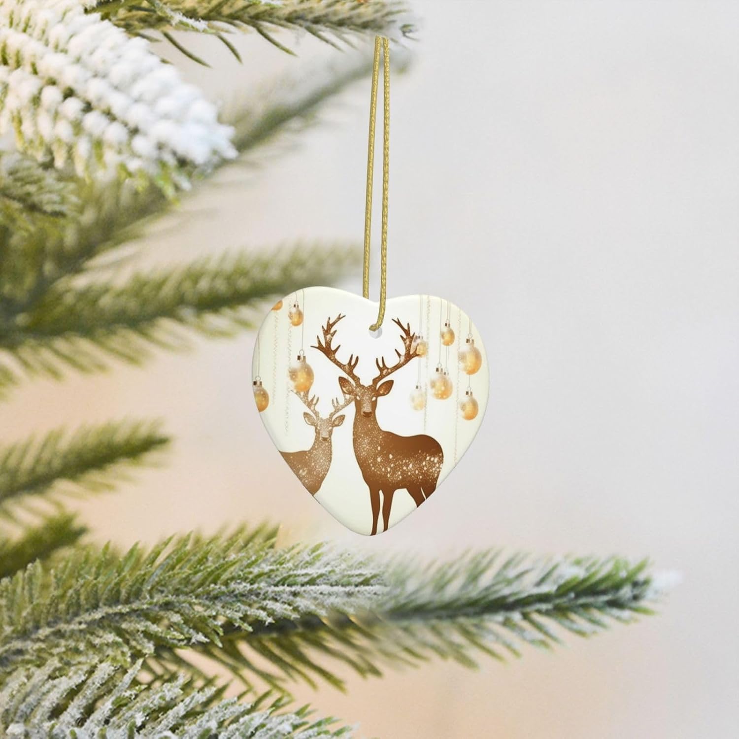 Ceramic Christmas Ornaments Heart Shaped Xmas Hanging Ornament Double-Sided Christmas Decorate and Deer Print Christmas Tree Pendants for Fireplace Party Holiday Wedding Xmas Decoration