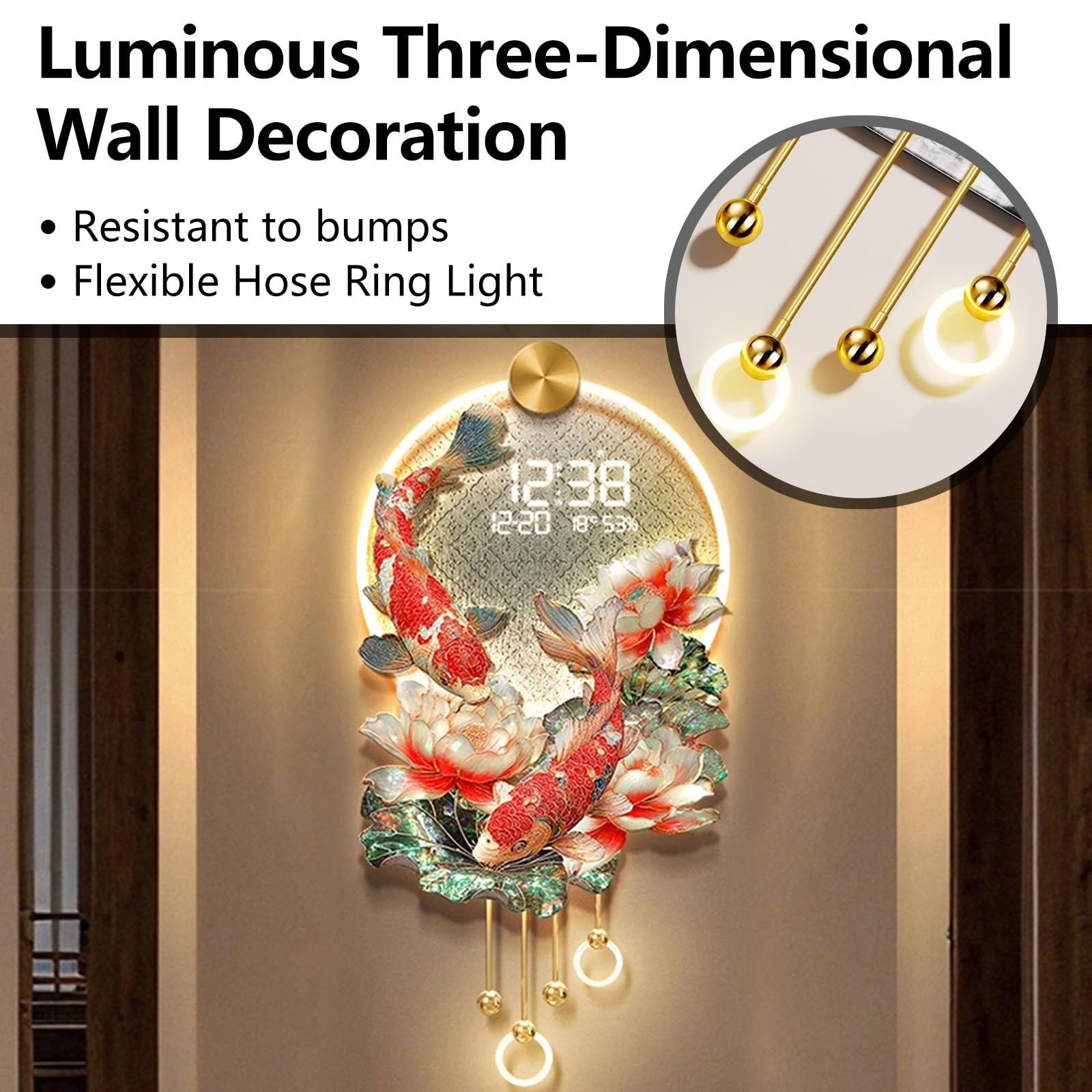 Grande orologio da parete decorativo 3D, design silenzioso senza ticchettio con luce LED, visualizza temperatura e data, ideale per camera da letto, soggiorno e ufficio