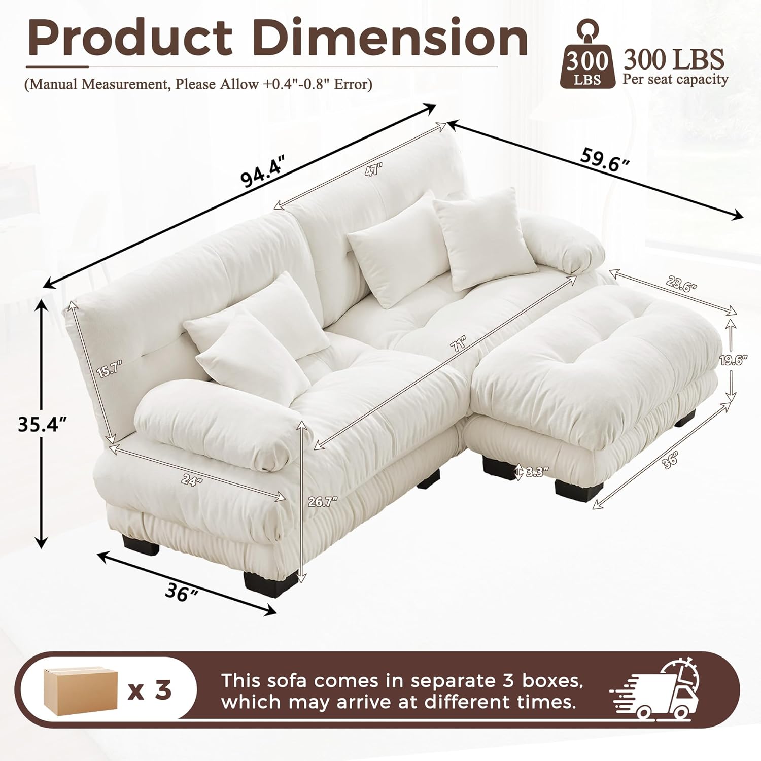 94" Modular Sectional Sofa Cloud Couch with Ottoman, Pink Chenille Oversized Loveseat, Deep Seat Tufted Plush Sectional Couches for Living Room & Apartment (White)