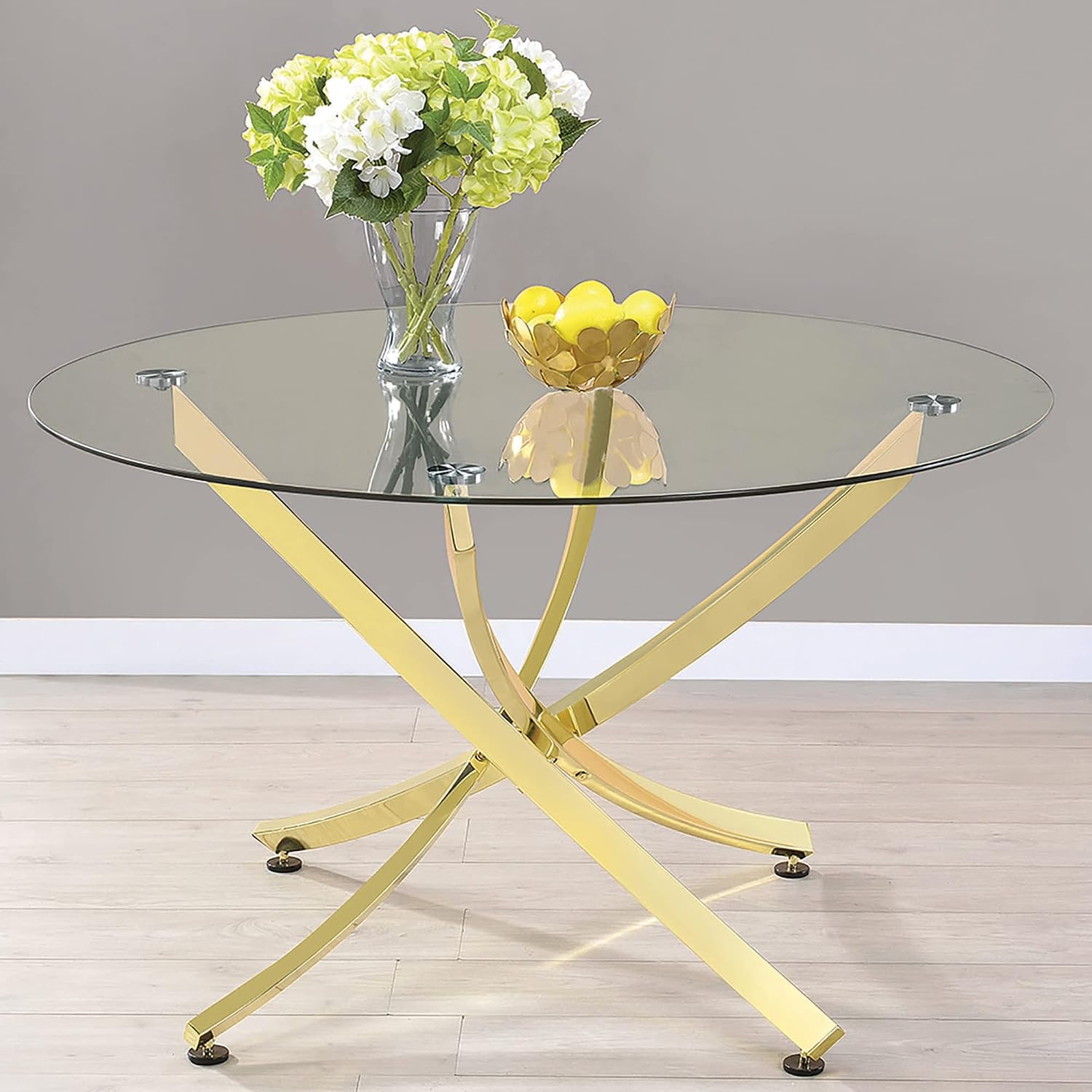 Coaster Home Furnishings Beckham 46" Round Dining Table with Glass Top and Asterisk Metal Base, Sculptural Modern Glass Dining Table for Kitchens, Brass
