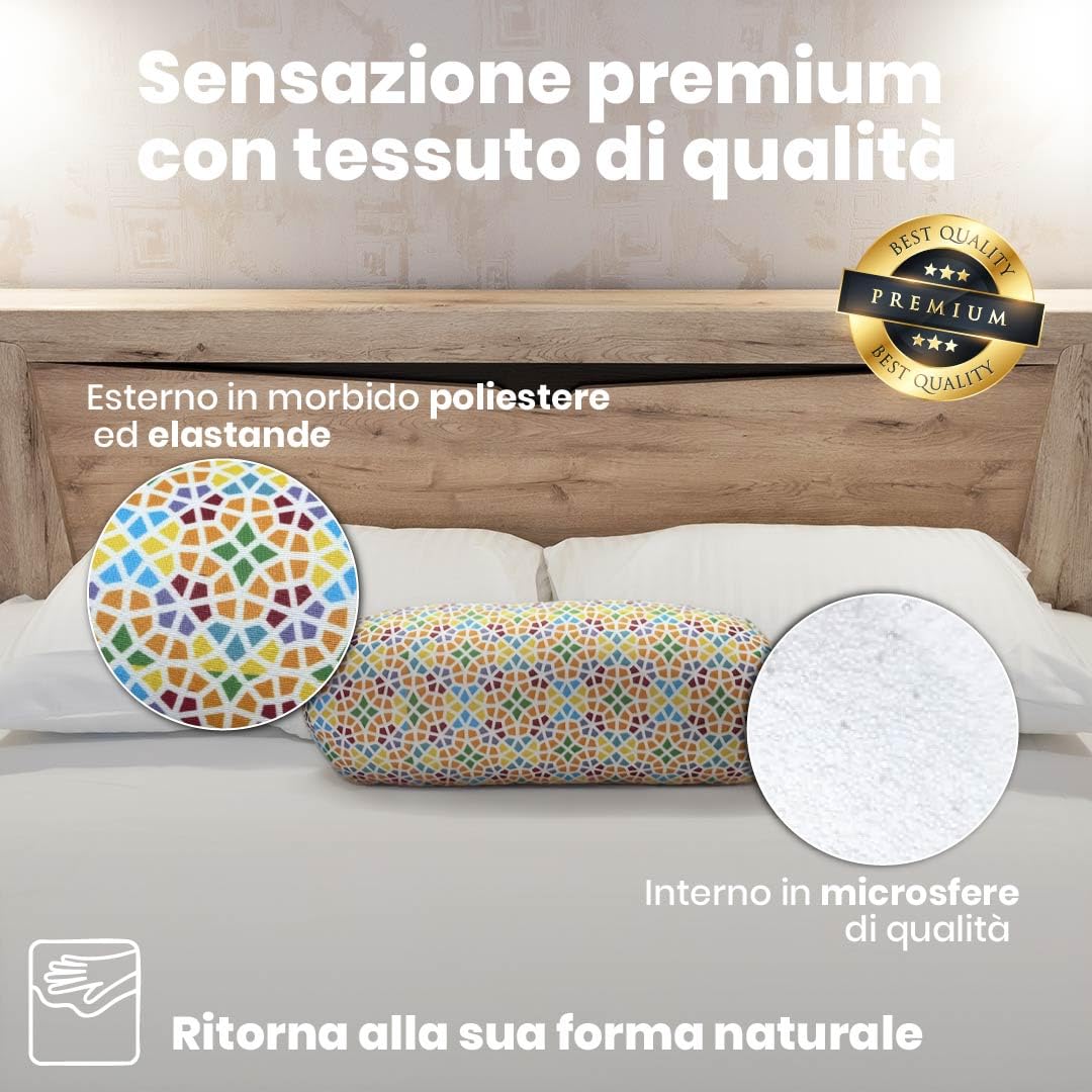 Cuscino Rotondo Anti-Stress Relax | Sollievo per Collo e Lombare | Riempimento con Microperle Confortevoli | Tessuto in Lycra Morbida al Tatto | Lavabile in Lavatrice | 35x15 cm(Mosaico)