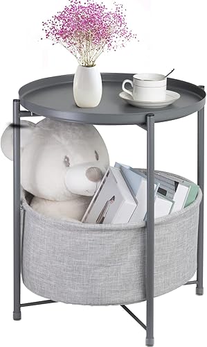 Miniatura 8 de Mesas auxiliares redondas con cesta de almacenamiento, mesa auxiliar de metal, mesita de noche pequeña, color gris Gris,Rosado,Blanco