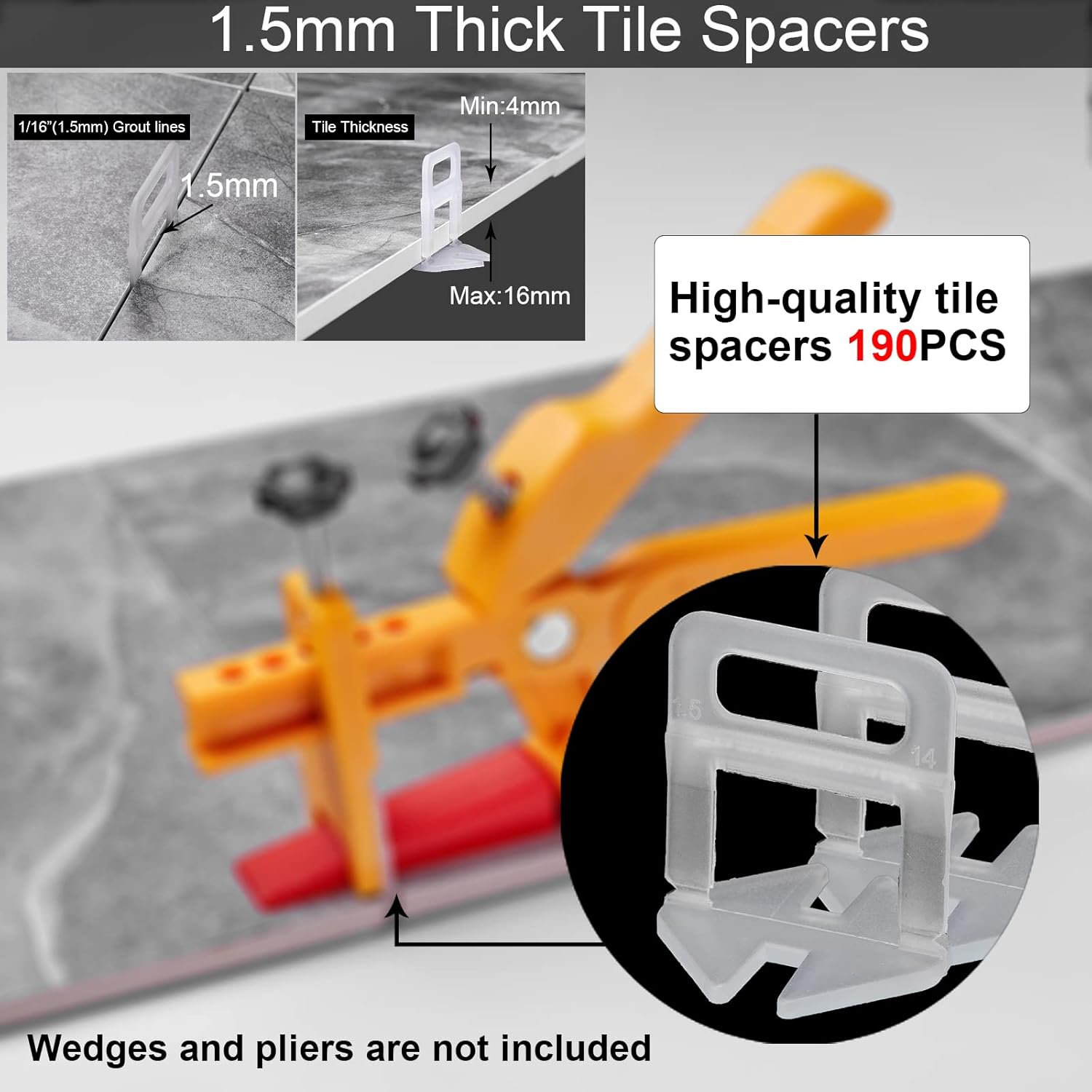 Tile Leveling System Spacer Clips 1.5mm Thickness, 190 Pcs Precise Tile Spacers Leveling Clips