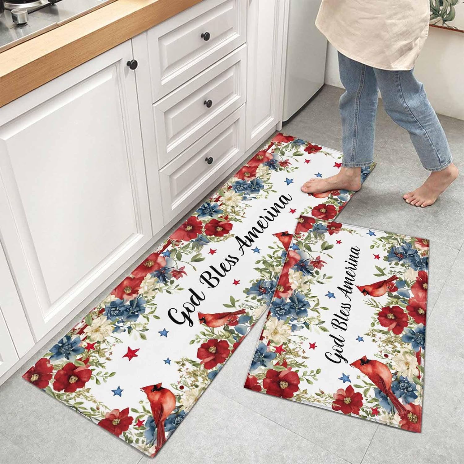 Kitchen Mats for Floor Independence Day Blossom Floral Washable Non Slip Kitchen Rugs 2PCS, July 4th Cardinal Absorbent Standing Mats for Sink Bathroom Office Living Room 15.7x23.6in+15.7x47.2in