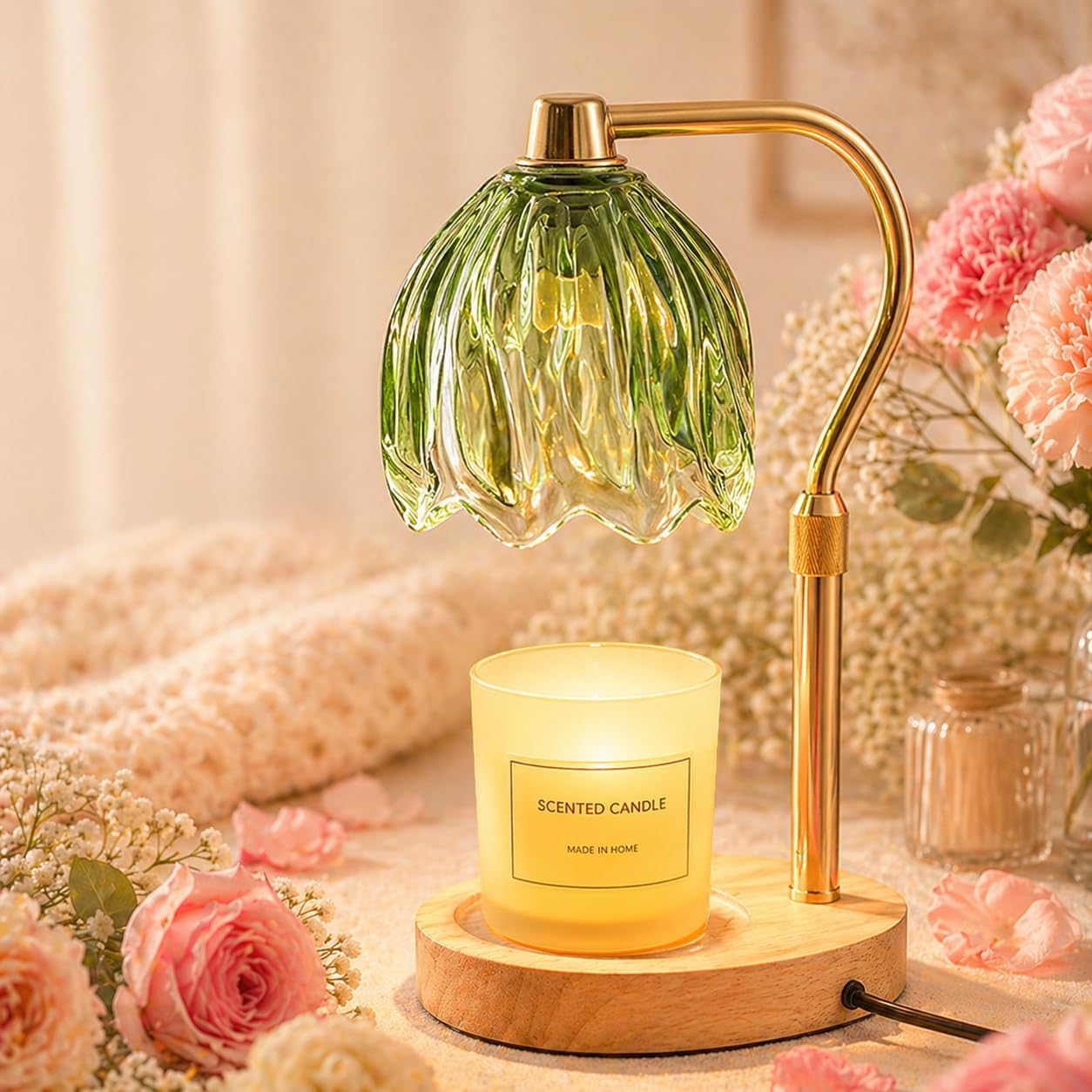 Candle Warmer Lamp with Timer Dimmable Green Candle Lamp Warmer with 2 Bulbs Adjustable Height Birthday Gifts for Women Mothers's Day Gifts House Warming for New Home Decor