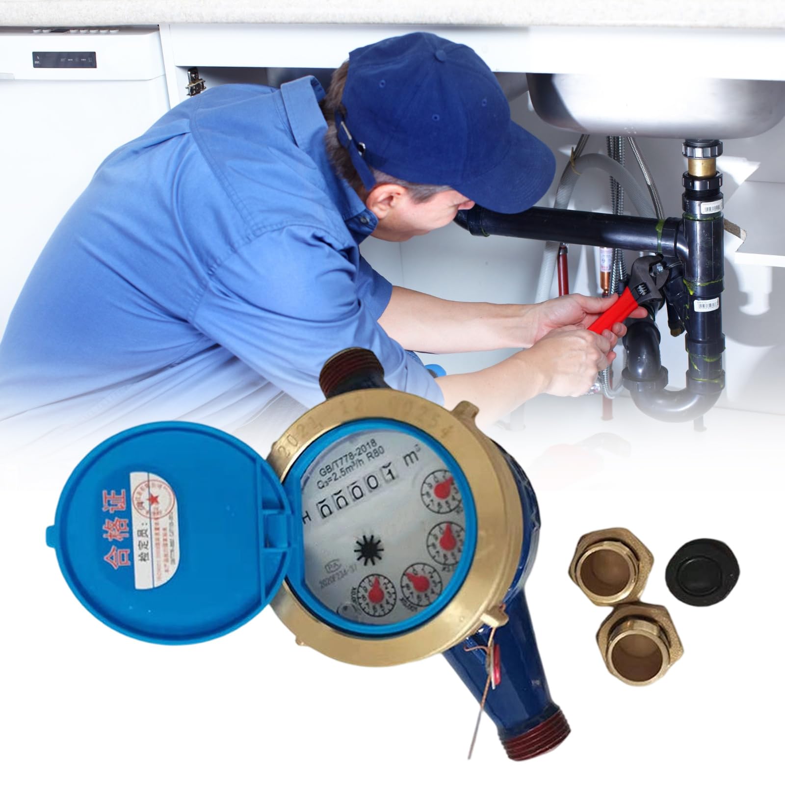 Mechanischer Kaltwasserzähler mit Nassregister, Drei-Zeiger-Anzeige, Messingbeschläge und Zählerabdeckung für Sanitär-Drehschieber, Wasser-Nassregister, Gewinde-Kaltanzeige, Messing-Linienleser