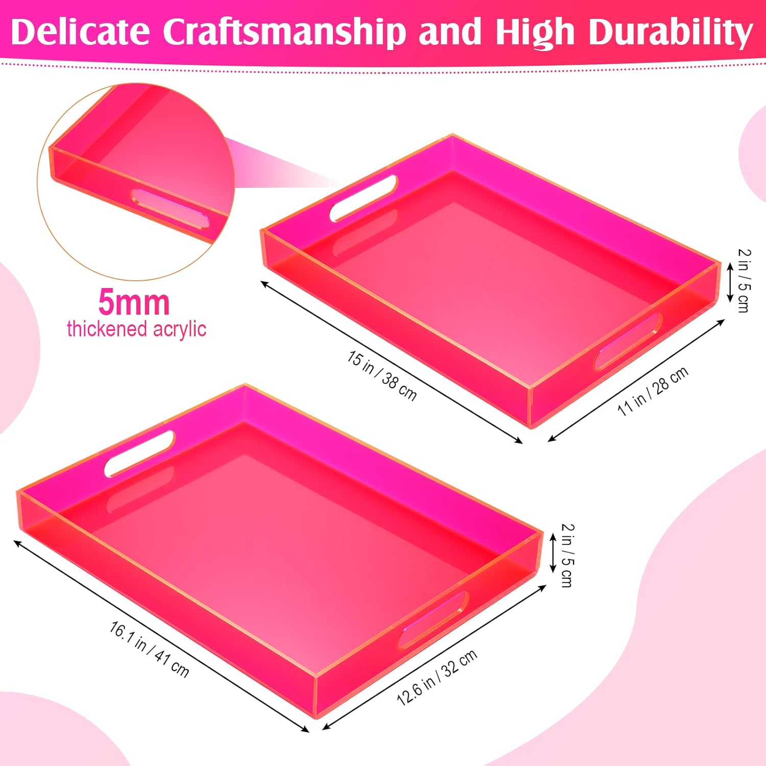 2 Pack Large Acrylic Serving Trays with Handles Neon Pink Clear Serving Trays for Bar Party Ottoman Coffee Table Drink Spill Proof, Large: 16", Middle: 15''