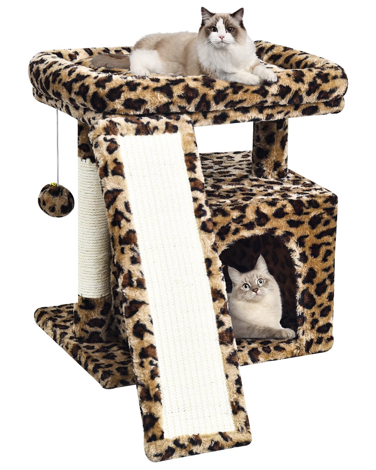 Small Leopard Print Cat Tree for Indoor Cats | Short Tower with Scratching Post, Ramp Pad, Condo with Perch Bed, Kittens Play House, Hanging Plush Ball & Cave for Resting (Leopard Print)