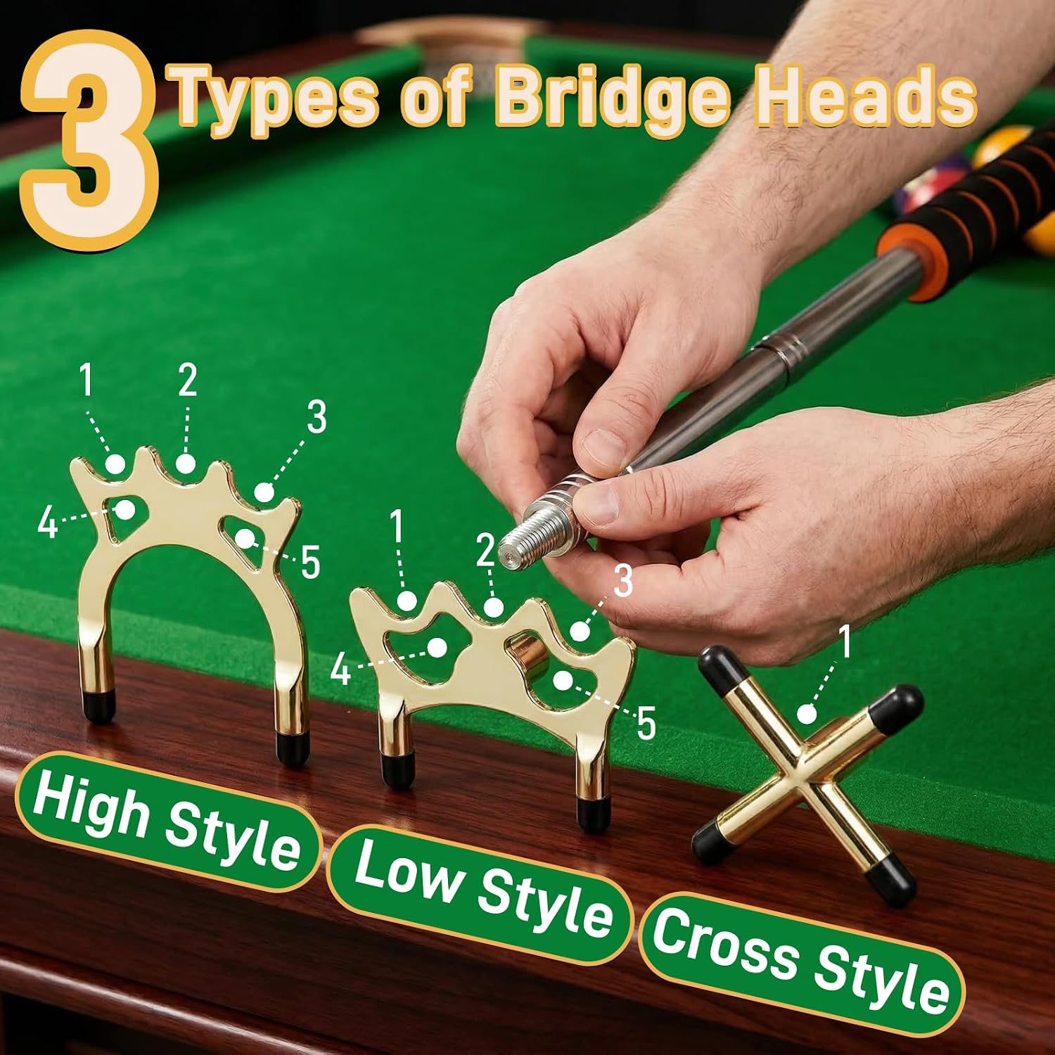 Pumtus Retractable Pool Cue Bridge, Billiards Cue Rest with 3 Pieces Removable Alloy Bridge Head, Snooker Pool Cue Bridge Stick, Billiards Table Accessories for Pool Table, Game, Competition