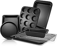 EWFEN 7-Piece Nonstick Carbon Steel Bakeware Set: Stackable Baking Pans with Cooling Rack, Muffin, Cake, Loaf, Pizza, Cookie Sheet & Roast Pan