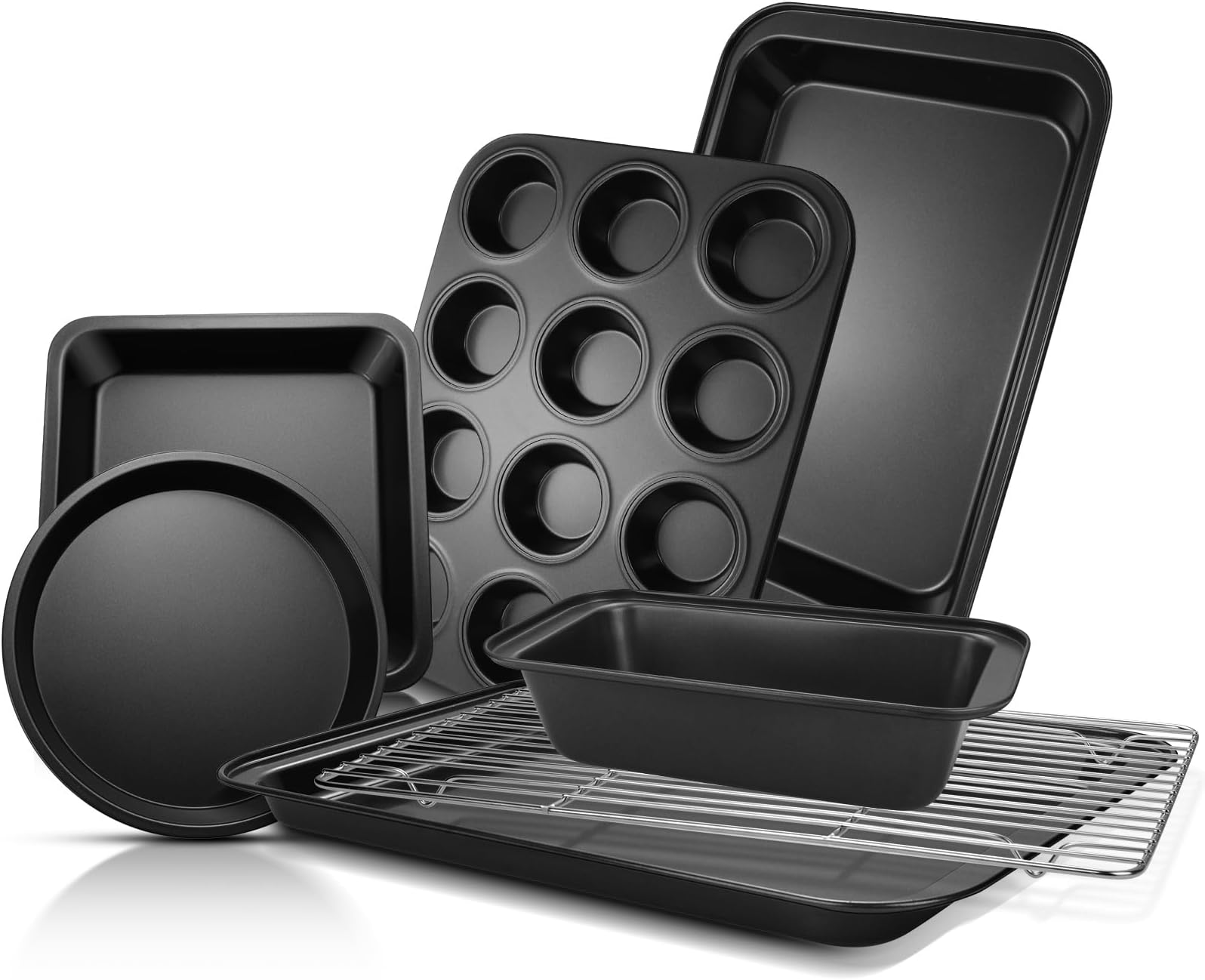 EWFEN Bakeware Sets, Baking Pans Set, Nonstick Oven Pan for Kitchen with Wider Grips, 7-Piece with Round/Square Cake Pan, Loaf Pan, Muffin Pan, Cookie Sheet, Roast Pan, Cooling Rack, Carbon Steel Bake