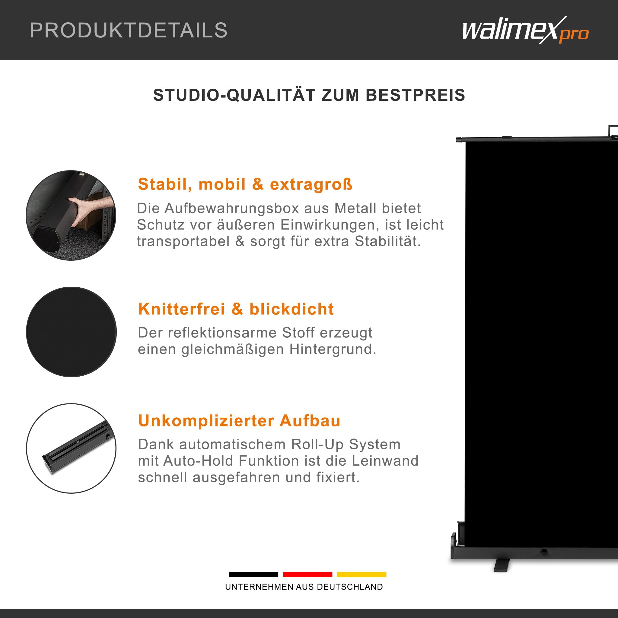 Walimex pro Fondale fotografico a rullo nero 155 x 200 cm, sfondo avvolgibile con supporto, sistema per studi fotografici, pannello ingualcibile ideale per fotografia low-key