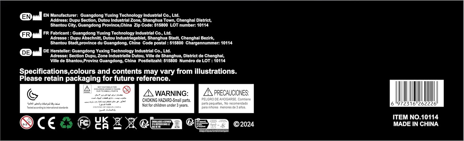 Back of Mould King 10114 box with safety warnings
