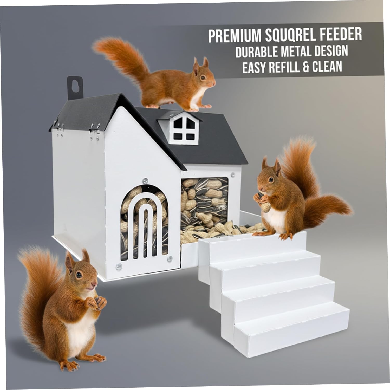 Squirrel Houses for Outside, Iron Feeder with Clear Window - with Step for Backyard, Garden, Outdoor/ 9.4x7.3