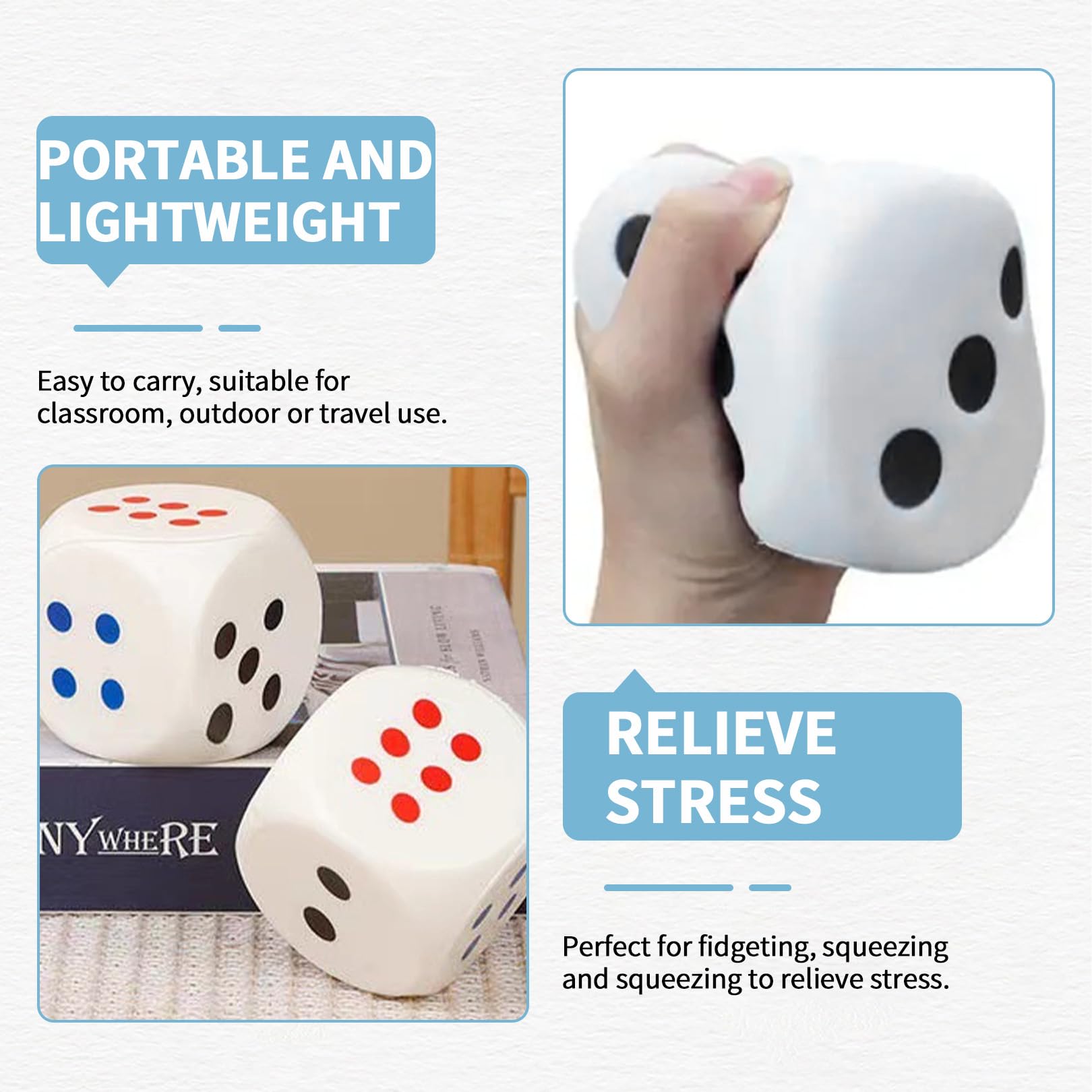 2 Pcs Large Dice,Giant Big Foam Squishy Fidget Cube Set,6cm Foams,Jumbo Stress Relief Toys for Ids & Adults,Christmas Games Math Teaching Classroom Party,Favors Bag Stuffers - Image 3