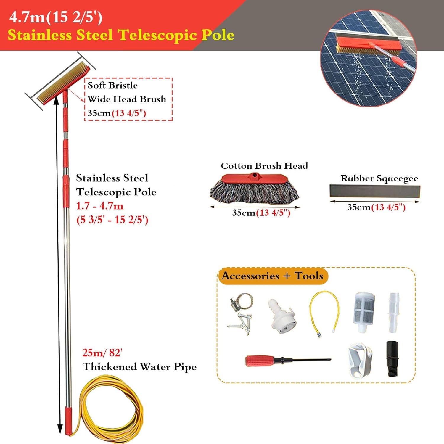 3-in-1 Water Fed Pole Kit Lightweight 16 Feet 20 Ft, Water Spray Rod with Wash Brush/Squeegee, Window Wahing Tools & Solar Photovoltaic Panel Cleaning System for House Siding((15 2/5') 4.7m)